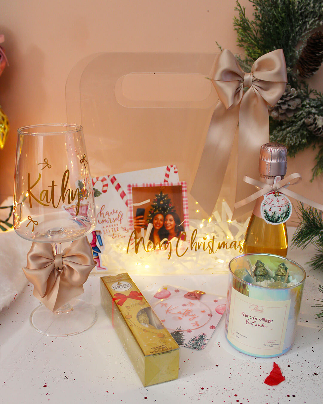 PINK CHRISTMAS GIFT BOX - LUXURY GIFT SET FOR HER | PERSONALIZED WINE GLASS