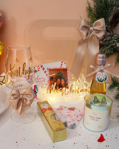 PINK CHRISTMAS GIFT BOX - LUXURY GIFT SET FOR HER | PERSONALIZED WINE GLASS