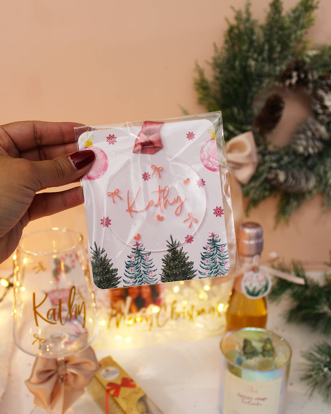 PINK CHRISTMAS GIFT BOX - LUXURY GIFT SET FOR HER | PERSONALIZED WINE GLASS