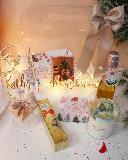 PINK CHRISTMAS GIFT BOX - LUXURY GIFT SET FOR HER | PERSONALIZED WINE GLASS