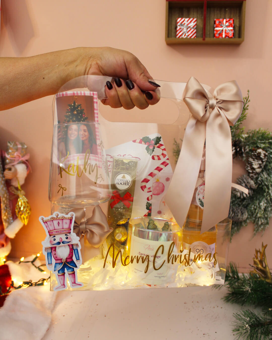 PINK CHRISTMAS GIFT BOX - LUXURY GIFT SET FOR HER | PERSONALIZED WINE GLASS